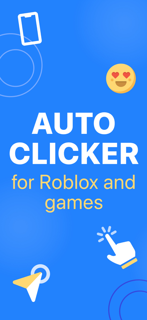 Banner de la aplicación Auto Clicker para juegos de Roblox y móviles con iconos de automatización