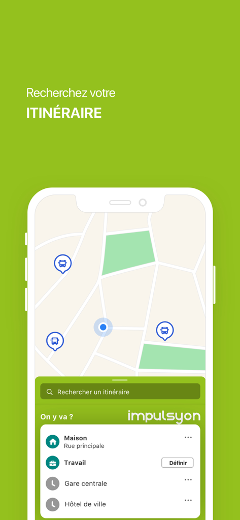 Screenshot of the Impulsyon app interface showing a city map with bus stop icons and a search menu for saved locations like home and work