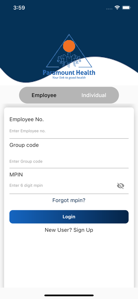 Login screen of the mW!se app by Paramount Health showing employee login fields for insurance services