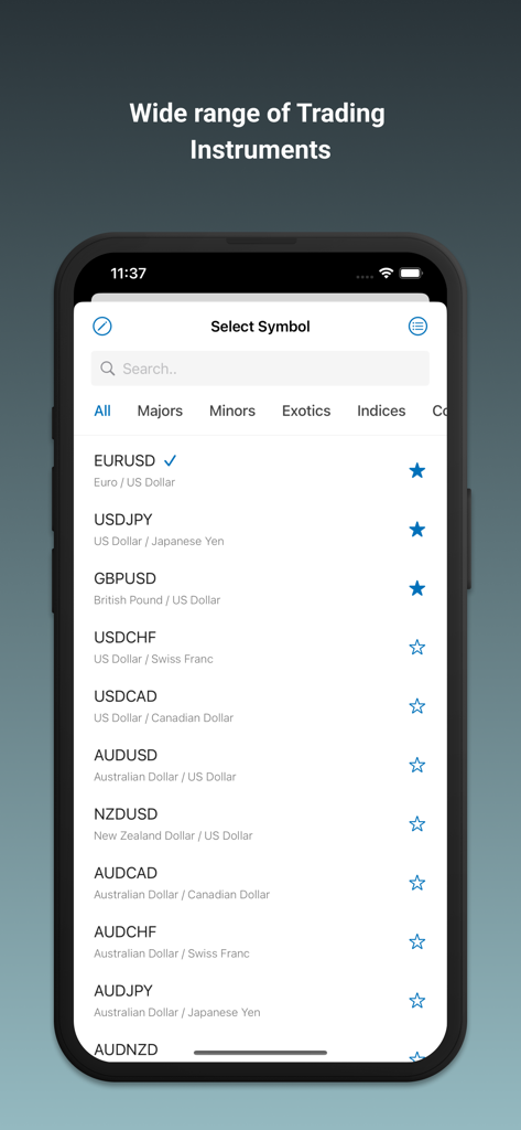 FX計算ツールアプリ画面、多数の通貨ペアと取引商品を一覧表示