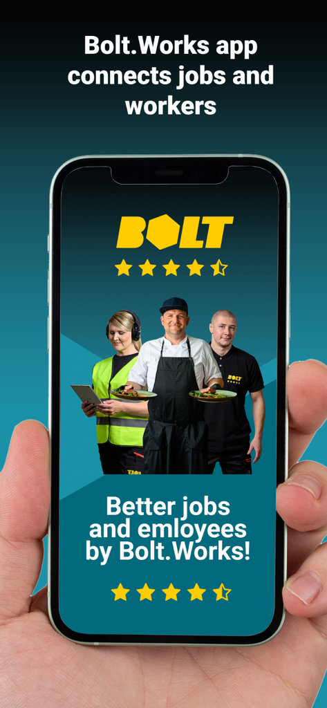 A smartphone screen displaying the Bolt.Works app connecting jobs and workers with photos of skilled professionals in different industries.