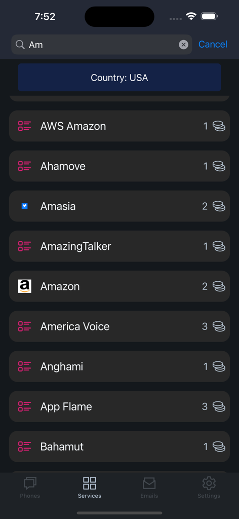 Interfaz de la aplicación móvil que muestra una lista de servicios compatibles para la verificación de números de teléfono de EE. UU. como Amazon y AWS