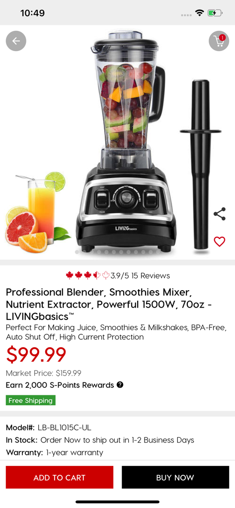 Shopper+ - Mobile product page for a LIVINGbasics 1500W professional blender on the Shopper plus app.
