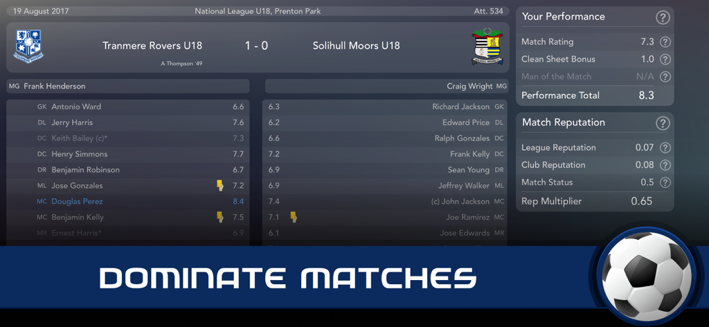 Football Superstar match summary screen showing player ratings and performance metrics
