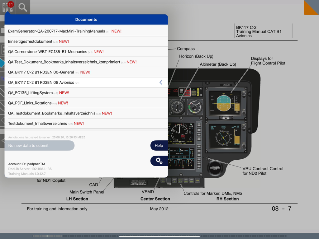 Airbus Training Manuals app showing a list of technical documents over a helicopter avionics diagram.