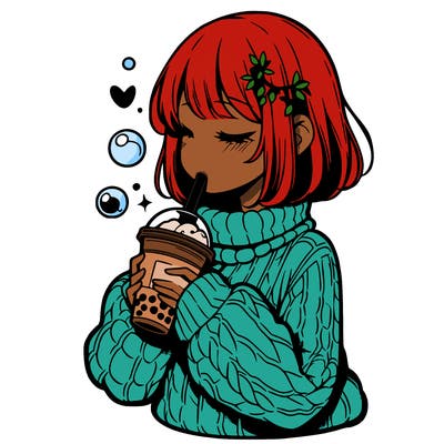 manga girl drinking boba in cozy sweater