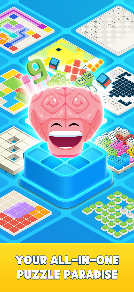 1001 Brain Zen Puzzles - A happy brain character surrounded by various puzzle game boards like Sudoku and Nonogram with the text Your All In One Puzzle Paradise