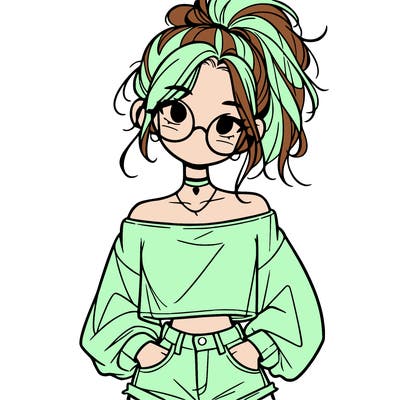 girl with a messy ponytail glasses a baggy crop top and jean shorts