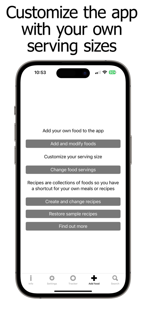Protein Counter and Tracker - Oberfläche zum Hinzufügen benutzerdefinierter Lebensmittel und zum Ändern von Portionsgrößen im Protein-Tracker-App