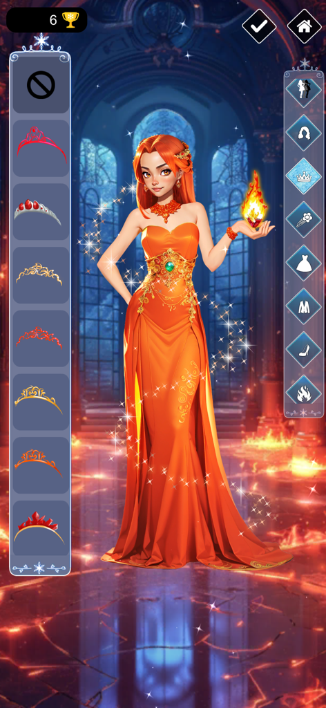 Ice & Fire Princess Dress Up - Fire princess character with orange hair wearing a flaming orange gown in a dress up game interface