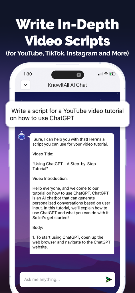KnowIt AI chatbot generating a video script for a YouTube tutorial