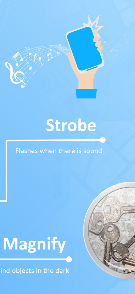 Flashlight app features including sound activated strobe and magnify tool