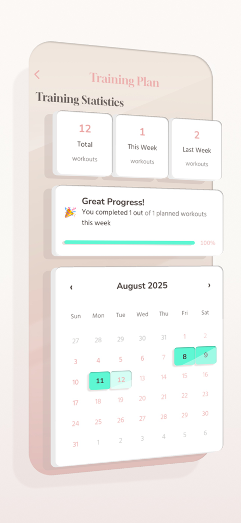 Kegel exercise set - Training statistics dashboard and monthly workout calendar in the Kegel exercise app