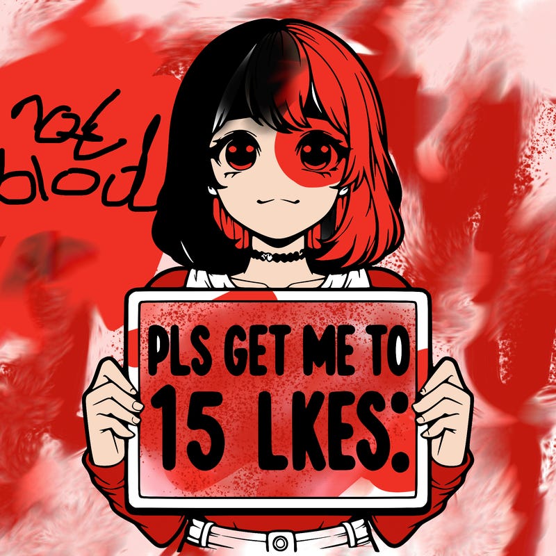 realistic girl holding up a sign that says “pls get me to 15 likes!”