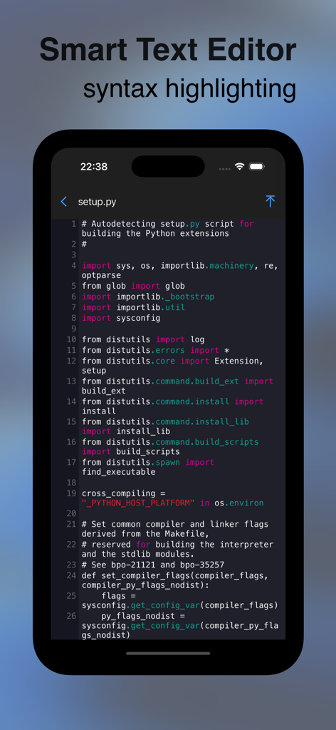 A smart text editor with syntax highlighting for Python code on a mobile device