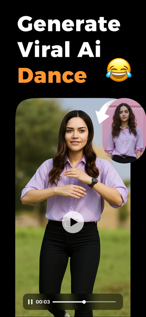 AI Dance Video - AI Face Dance - Interface showing a viral AI dance video generated from a portrait photo