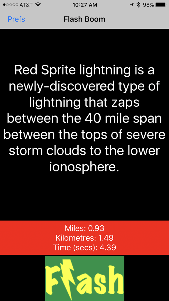 Flash Boom - Flash Boom app interface showing calculated lightning distance and red sprite lightning facts