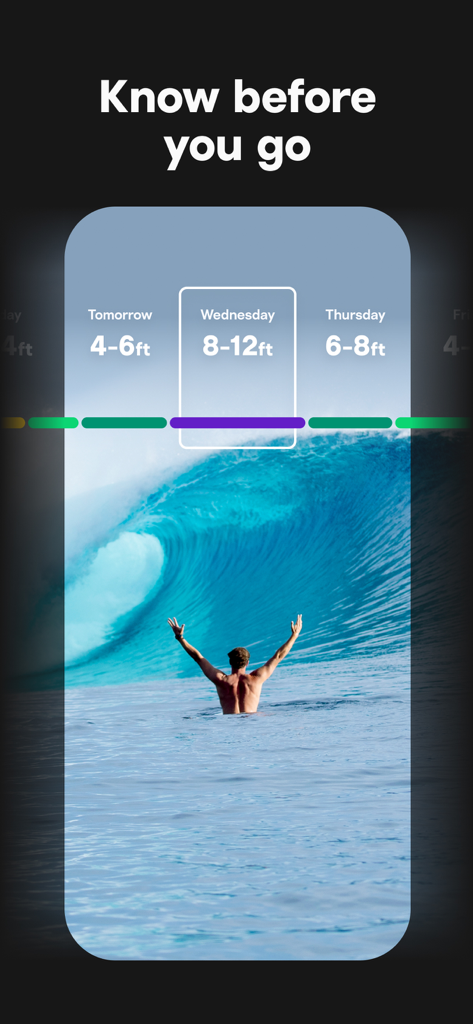 Surfline: Wave & Surf Reports - Surfer cheering in front of a large wave with a daily wave height forecast overlay