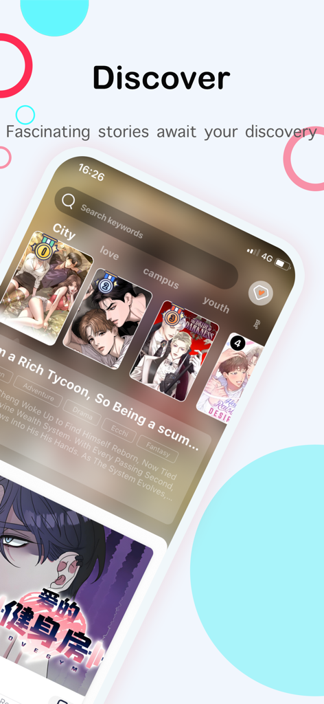 Bontoon - Manga & Comics - Bontoon app discover screen showcasing trending manga stories and search categories