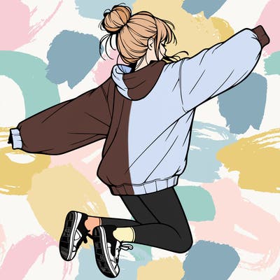 realistic girl jumping with a bun and oversized sweatshirt