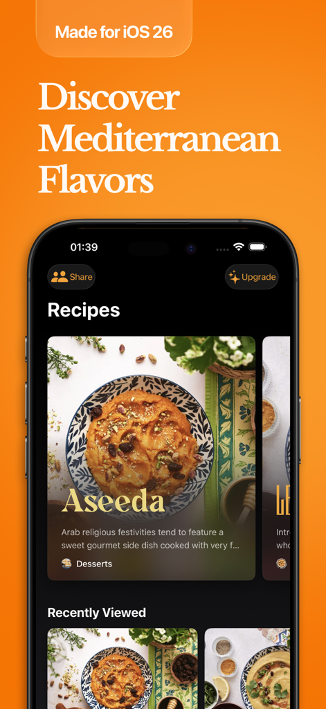 Food Recipes by Arabesk - Pantalla de smartphone mostrando la aplicación Food Recipes by Arabesk con una tarjeta de receta Aseeda mediterránea y el texto Descubre Sabores Mediterráneos.