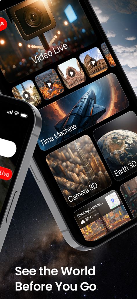 Mappa App-Oberfläche mit Live-Erdkameras und 3D-Navigationsfunktionen.