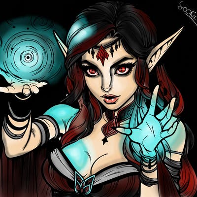 realistic scary beautiful elf sorceress casting spell