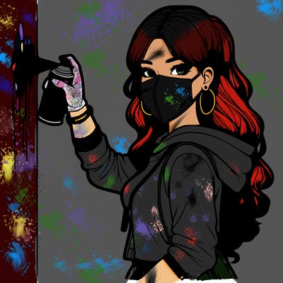 realistic girl with mask spray painting a wall