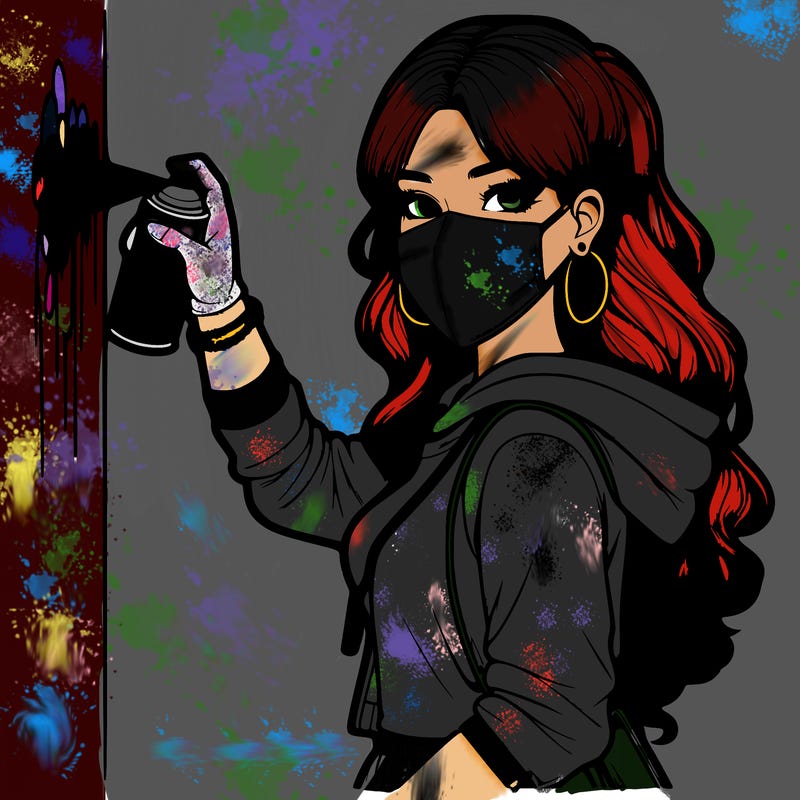 realistic girl with mask spray painting a wall
