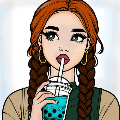 realistic girl with braided hair drinking boba