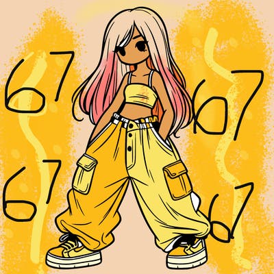 girl in baggy pants, crop top, and long hair