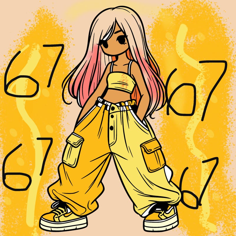 girl in baggy pants, crop top, and long hair