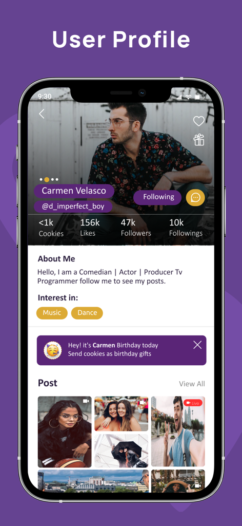 Lively - Lively app user profile screen displaying creator bio statistics and a grid of social posts