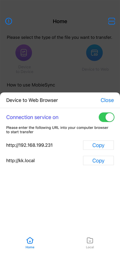 Écran de l'application MobieSync montrant le service de connexion activé avec des URL pour le transfert de fichiers sans fil vers un navigateur Web.