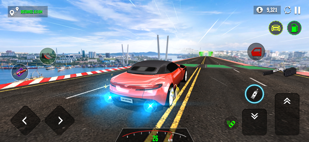 Car Simulator City Car Driving - Ein roter Sportwagen fährt auf einer hochgelegenen Rampe über einer Stadt in Auto-Simulator Stadtverkehr.