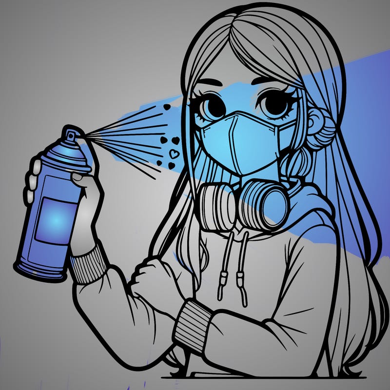a girl wearing a mask, holding a can of spray paint with spray paint on her clothes and long hair
