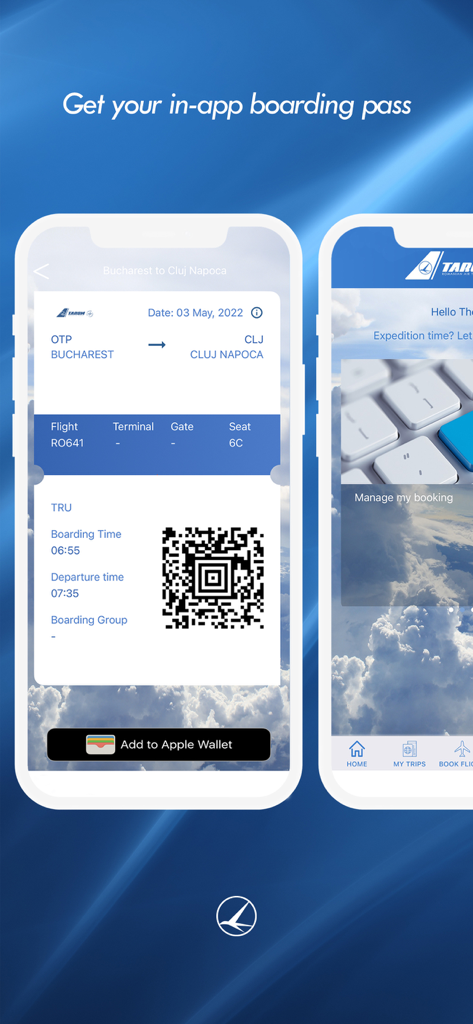 Carta d'imbarco digitale con codice QR sull'app mobile della compagnia aerea TAROM