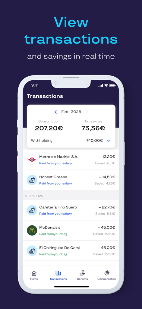 Cobee by Pluxee - Interfaccia dell'app mobile che mostra un elenco di transazioni relative ai benefit aziendali, inclusi risparmi individuali e un riepilogo dei risparmi fiscali mensili.