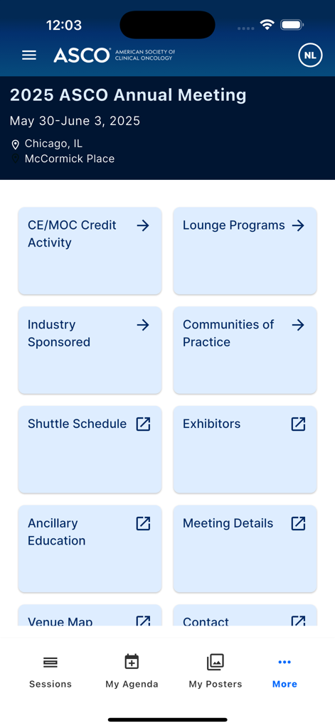 O painel inicial do aplicativo móvel ASCO Meetings para a Reunião Anual de 2025 em Chicago.
