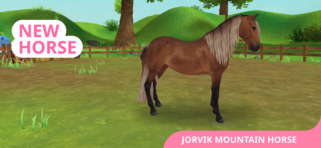 Star Stable: Horses - 풀이 무성한 목장에 서 있는 금발 갈기를 가진 갈색 조르빅 마운틴 호스.