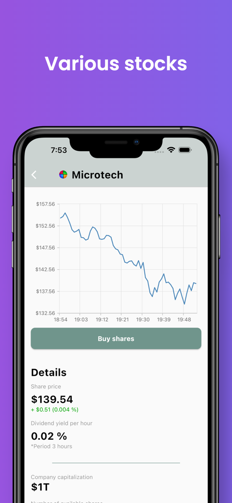 Sim Life - Business Simulator - A mobile phone screen showing a stock price chart for Microtech with a buy shares button in the Sim Life investment simulator.