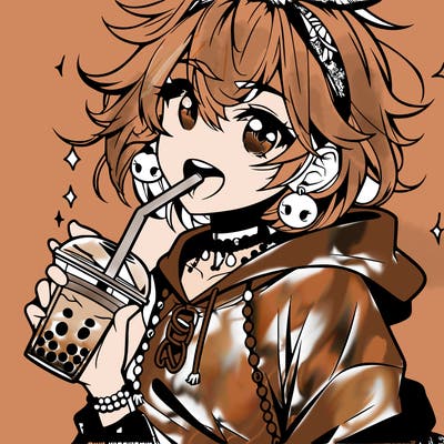 hot baddie anime girl drinking boba and biting the straw