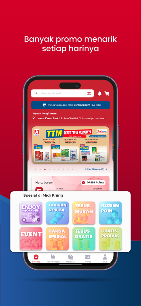 Midi Kriing mobile app interface displaying daily promotions special features and grocery delivery options