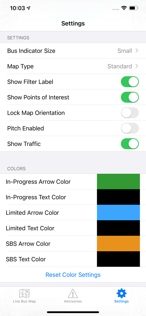 BusBus NYC - Interfaccia della pagina delle impostazioni dell'app BusBus NYC con opzioni per la visualizzazione della mappa e la personalizzazione dei colori degli autobus.