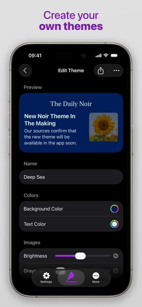 Edit theme screen in Noir app showing options for background and text colors