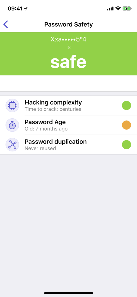 oneSafe app password safety dashboard displaying security strength and hacking complexity