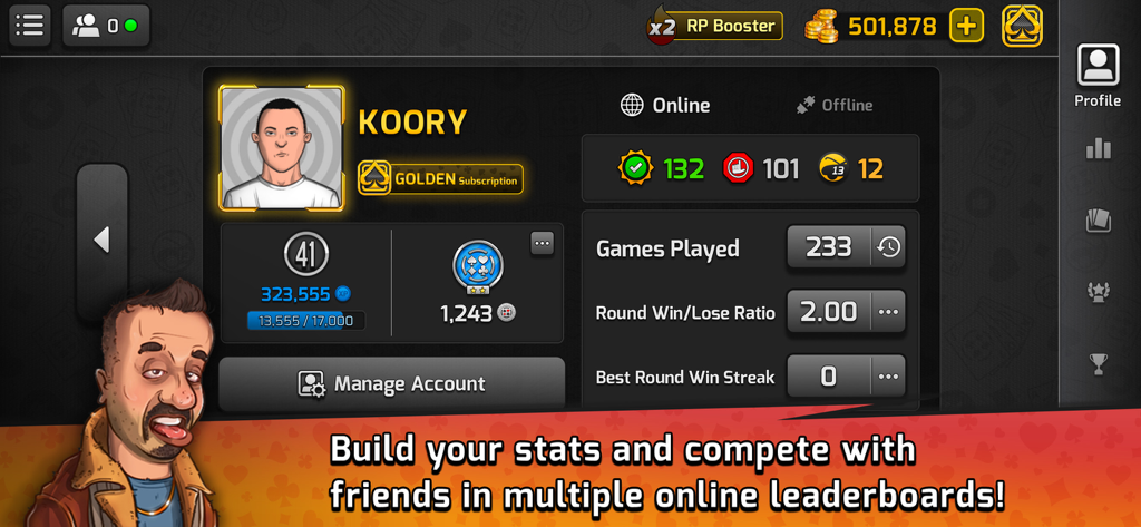 Pocket Tarneeb - User profile in Pocket Tarneeb showing game statistics current level and custom avatar