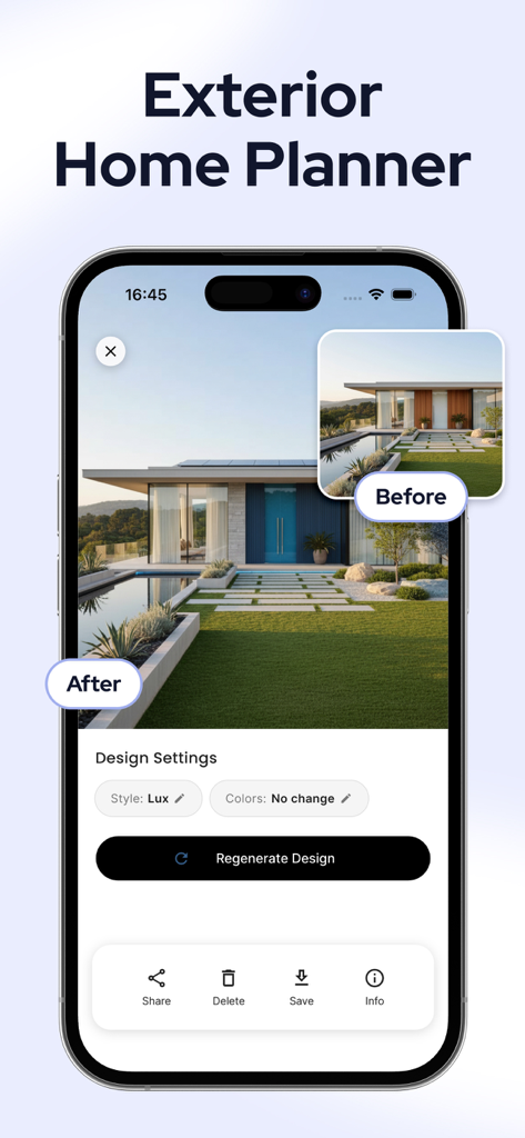 Designer Ai: Room, House Decor - AI app screenshot demonstrating an exterior home planner with before and after house design visuals