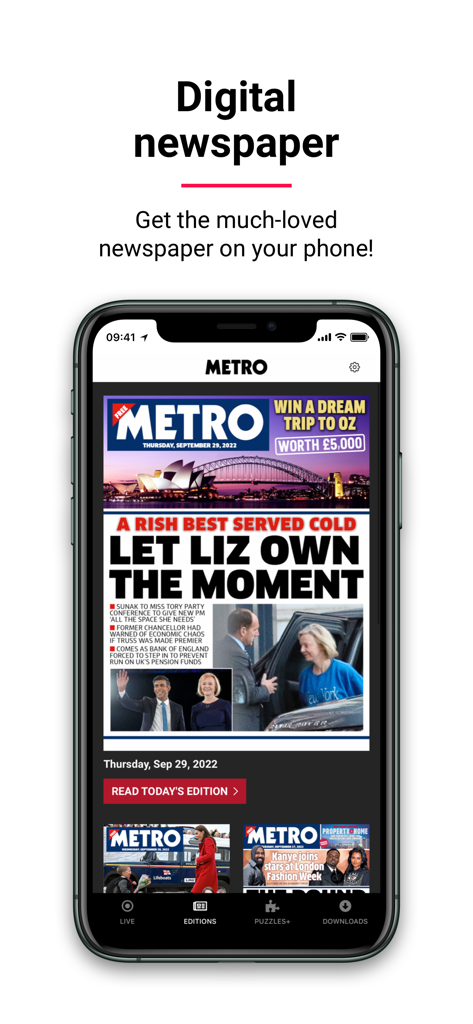 Metro: World and UK news app - メトロニュースアプリのデジタル新聞版を表示するスマートフォンの画面
