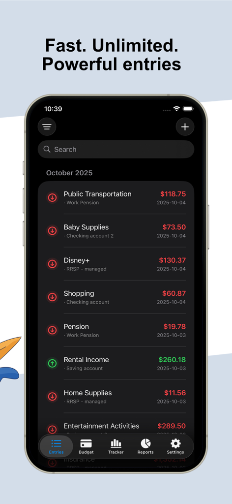 Wise budget - A list of manual transaction entries for expenses and income in the Wise Budget app dark mode